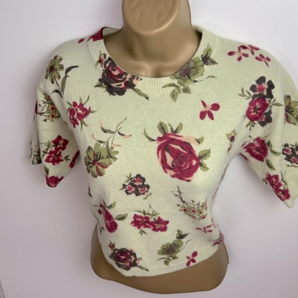 Twiggy Vintage Lambswool Rabbit Fur Green Red Rose Print Cropped Soft Sweater M - Picture 3 of 15